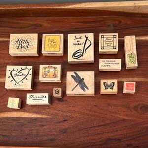 SET OF 14 ASSORTED WOODEN RUBBER STAMPS